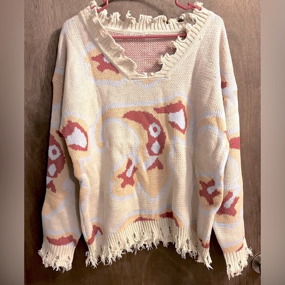 Hippie Style Fringe Raw Cut Trim Woolblend Deep V Neck Loose Long Sleeve Sweater - Picture 4 of 10